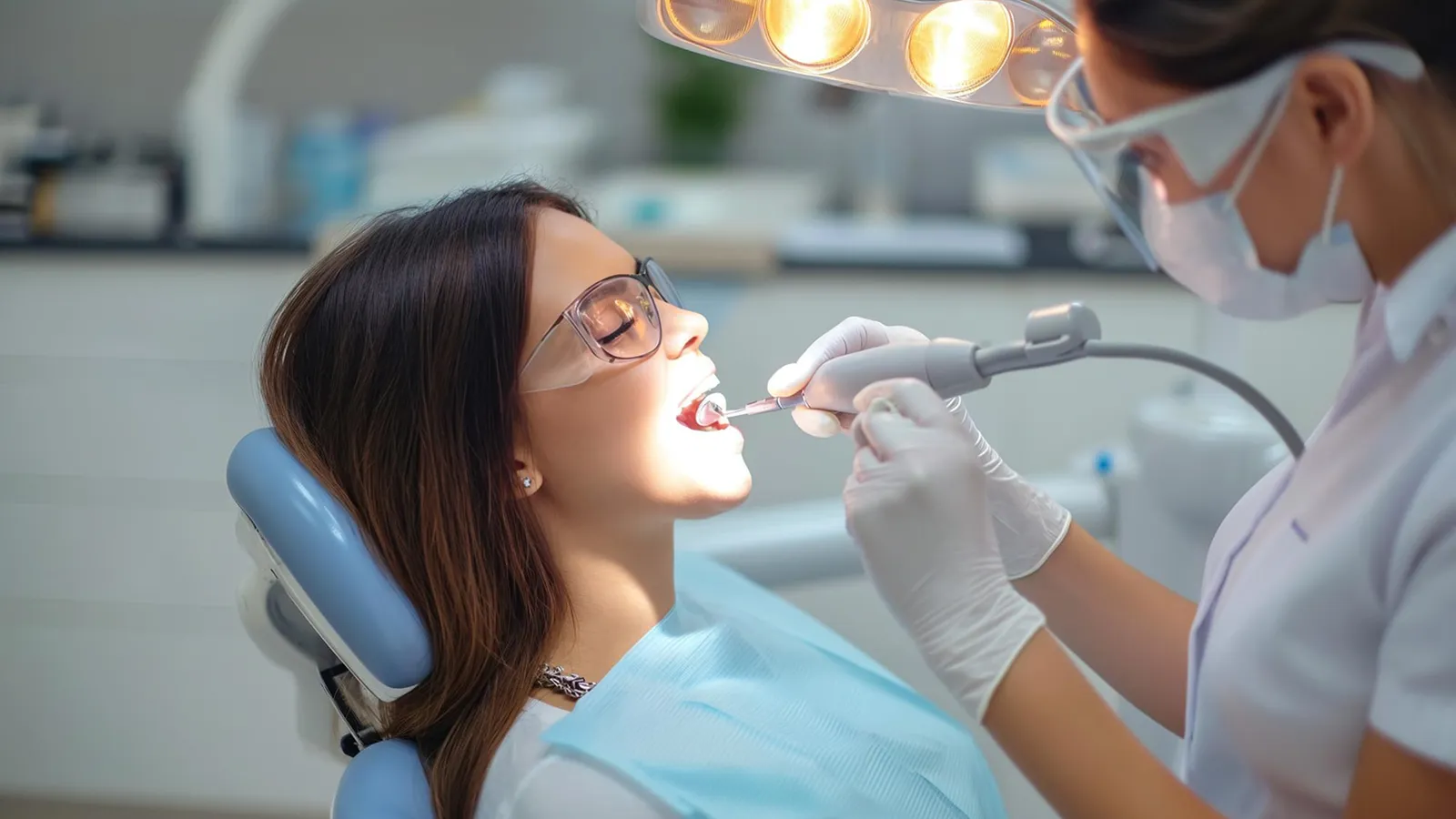 Patient in dental chair during teeth extraction consultation